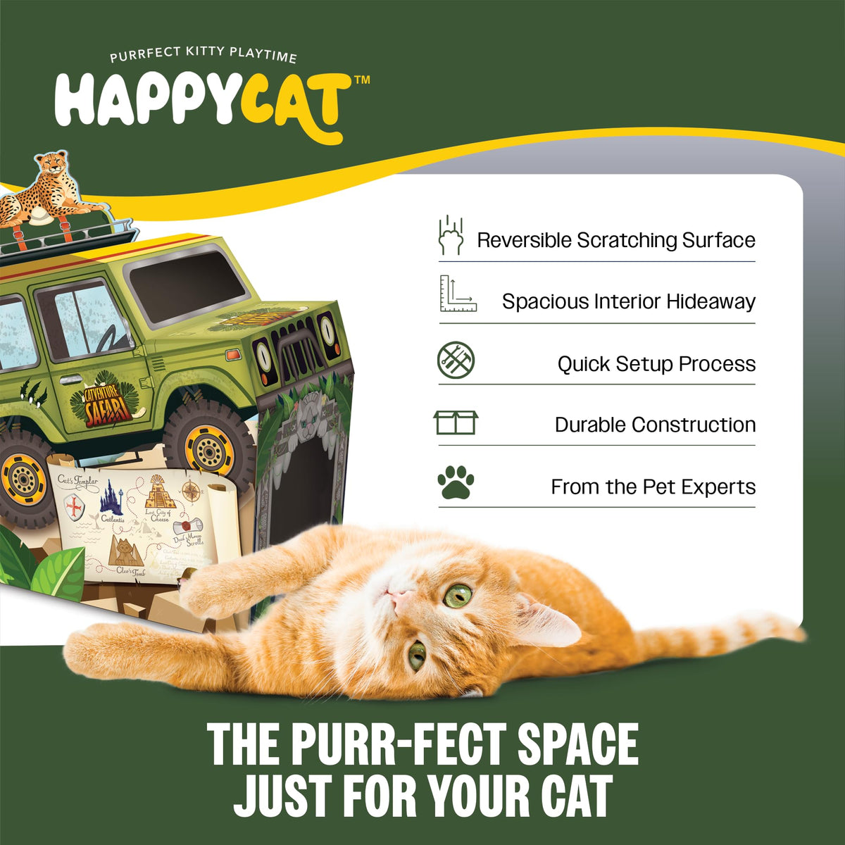 HappyCat Safari Truck Cat Scratcher House - Adventure-Themed Cardboard Cat Playhouse with Scratch Panels & Interior Space - Jungle Truck Theme Cat Activity Center