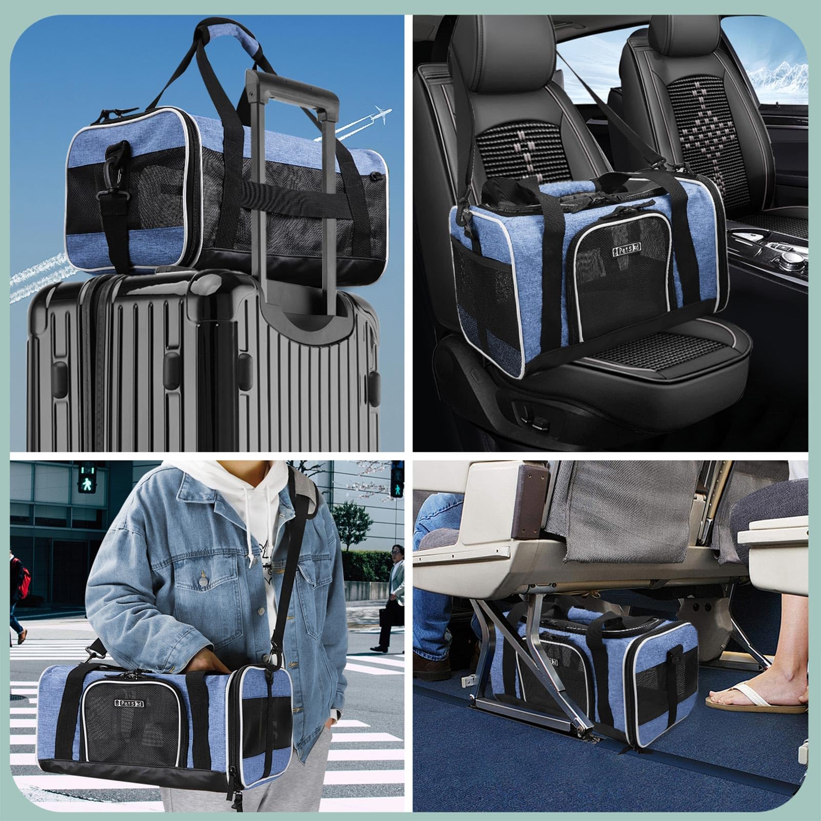 Petskd Small Pet Carrier 17" L x 11" W x 9.5" H Airline Approved, Blue