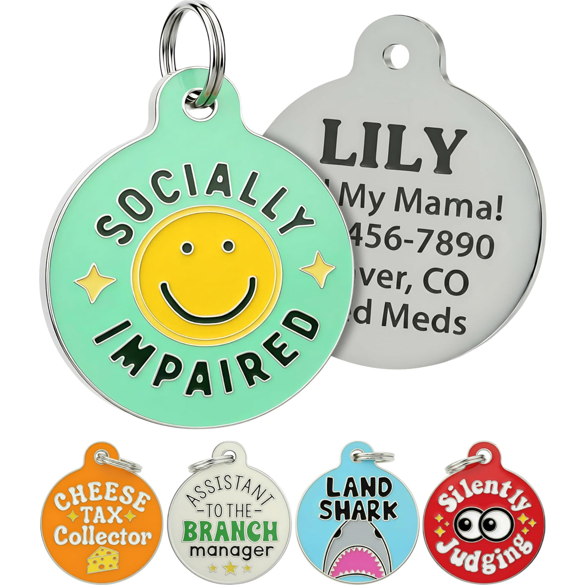 Bad Tags Personalized Dog and Cat ID Tags in 25+ Designs and 2 Sizes - 5 Lines of Custom Engraved Text - Funny Cute Personalized Pet Tags (Land Shark, Large (1.25 inch))