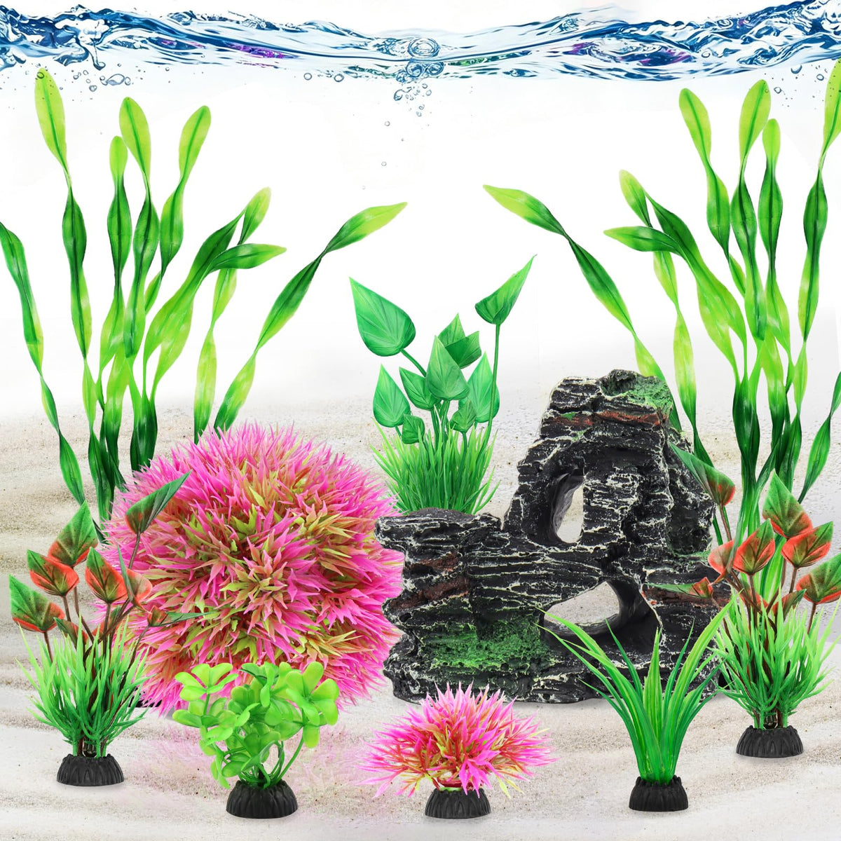 QUOZUO 10pcs Aquarium Artificial Plastic Plants Decorations and Rock Cave Decor Set, Fish Tank Accessories Small Large Fish Bowl Ornaments Set