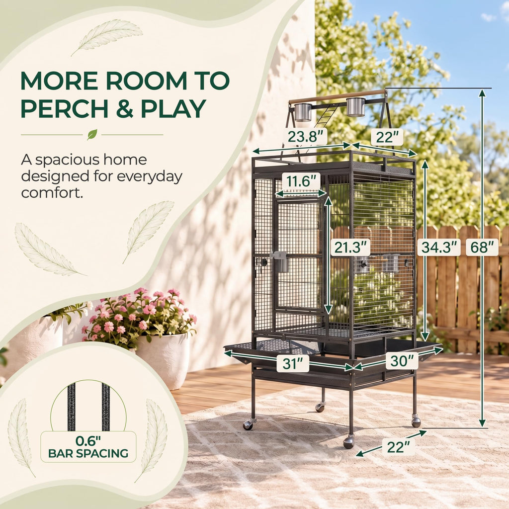ZENY 68-Inch Birdcage, Playtop Parrot Cage, Wrought Iron Bird Cage with Rolling Stand, Heavy-Duty Pet Bird House for Parrot Cockatiel Cockatoo Parakeet Macaw Finches, Black