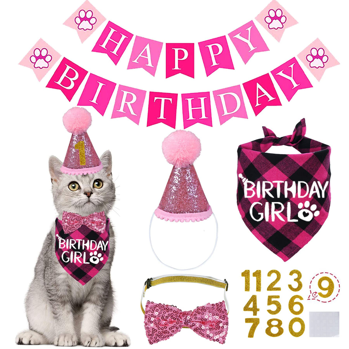 STMK Cat Birthday Party Supplies, Cat Birthday Hat Bandana Bow Tie Collar Number Banner Garland Meow Letter Balloons for Cats Kitten Outfits Decorations (Pink)