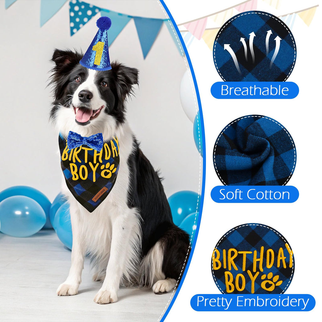 EXPAWLORER Embroidered Dog Birthday Bandana - Dog Birthday Party Supplies, Dog Scarf and Party Hat with Numbers for Boy, Pet Bow Tie Collar, Cute Outfit for Small Medium Large Dogs (X-Large)
