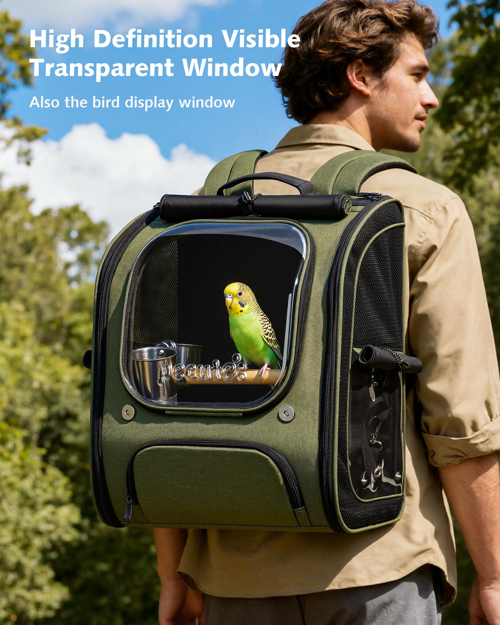Pecute Bird Backpack Carrier with Standing Perch for Small Parrot, Green