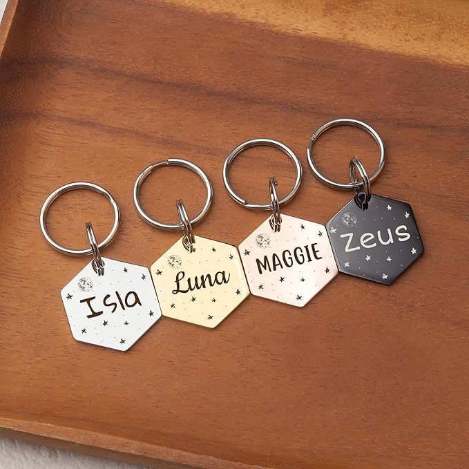 Anavia Small Size Dog Cat ID Tags, Small/XS Personalized Color Plated Stainless Steel Puppy Kitten Name Tags, Customized Engraved Nameplate Pet Collar Tag (Black, Hexagon)