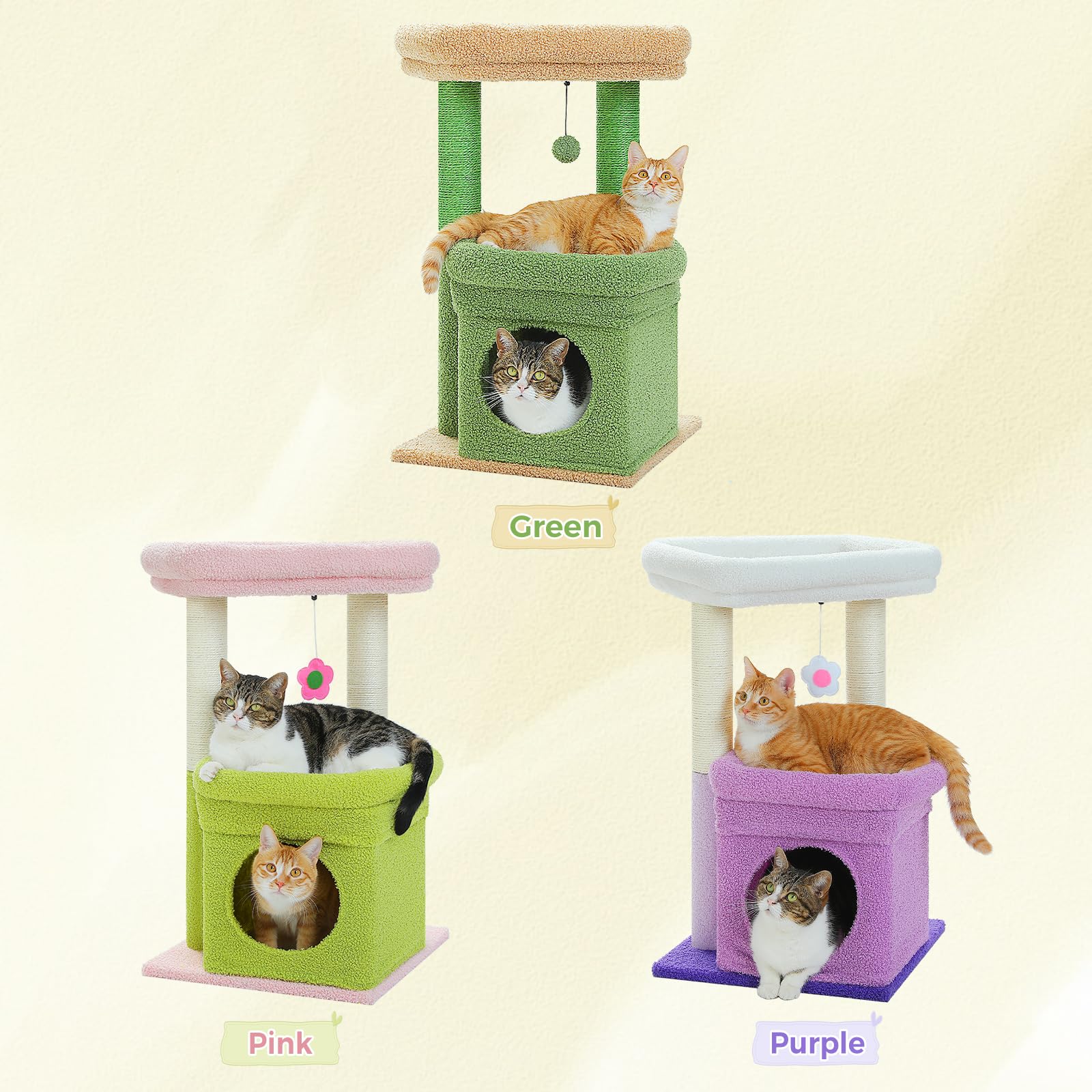 PEQULTI Indoor Cat Tree Tower Small Cats, Sisal Post & Cozy Condo, Purple