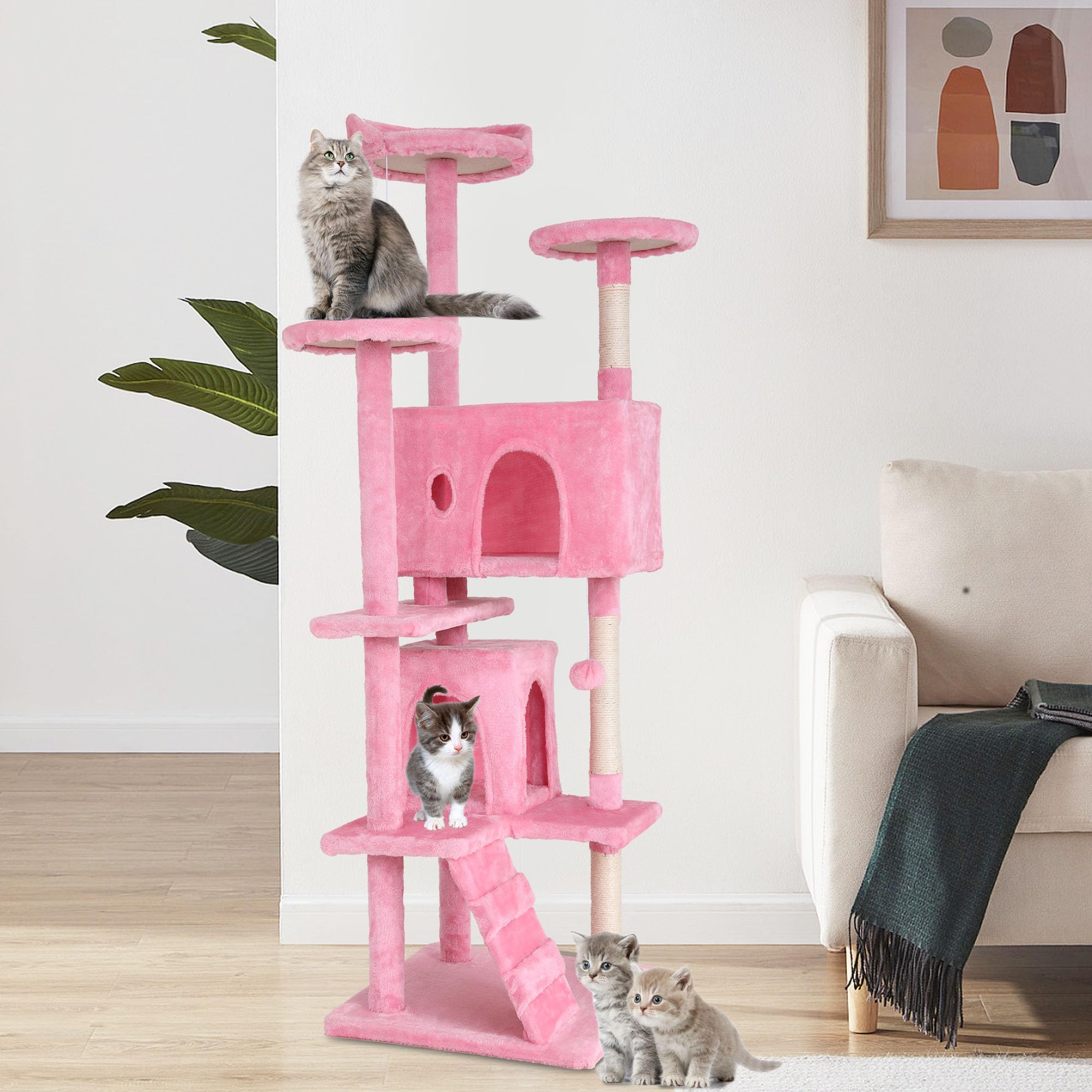 GINMAON 70 Inch Pink Cat Tree, Tall Cat Tower with 2 Condos, 3 Scratching Posts, Multi-Level Platforms - Sturdy Climbing Structure Tall Cat Tower for Indoor Cats