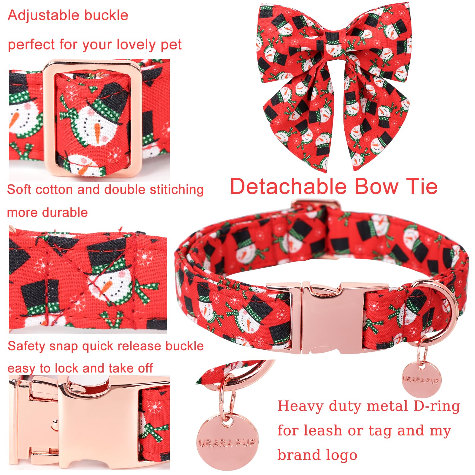 UP URARA PUP Christmas Dog Collar with Bow Tie, Christmas Collar for Puppy Girl Boy Dog or Cat, Bowtie Dogs Collars with Durable Metal Buckle, Cute Pet Collars, M