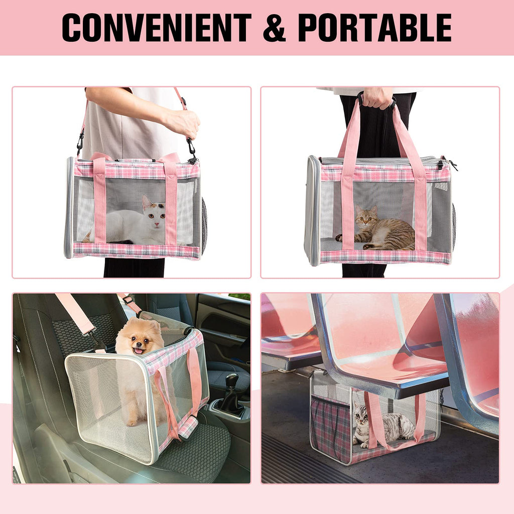 EXPAWLORER Large Cat Carrier Dog Carriers Soft for Small Medium Cats Puppies Up to 20lbs, Airline Approved Pet Carrier Soft-Sided Collapsible Pet Travel Carrier Fit 2 Kitties (Pink)