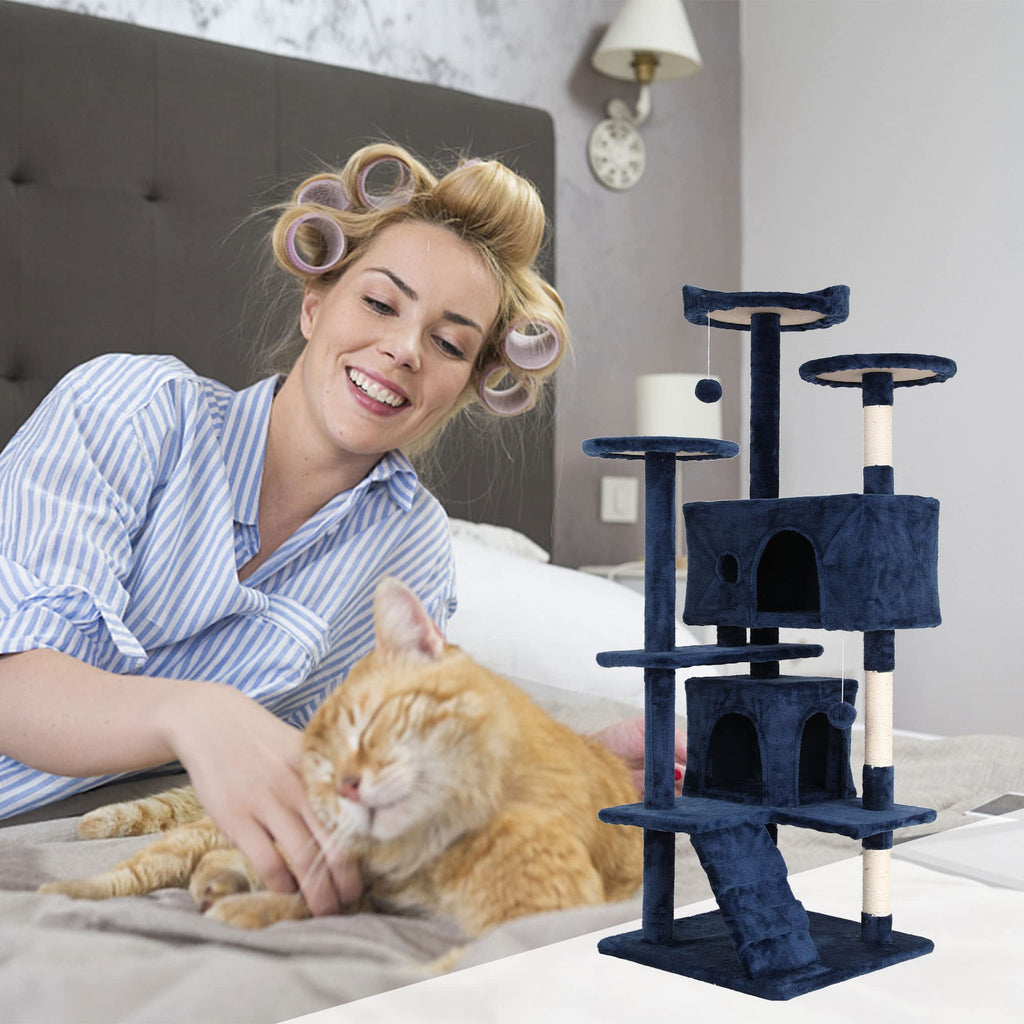 Heavy Duty Cat Tree Tower, 54" Tall Cat Tower for Indoor Cats with Cat Scratching Post with Bed, Cat Condo, Hanging Ball, Multi-Level Cat Climbing Tower Cat Trees Furniture Activity Center, Navy Blue