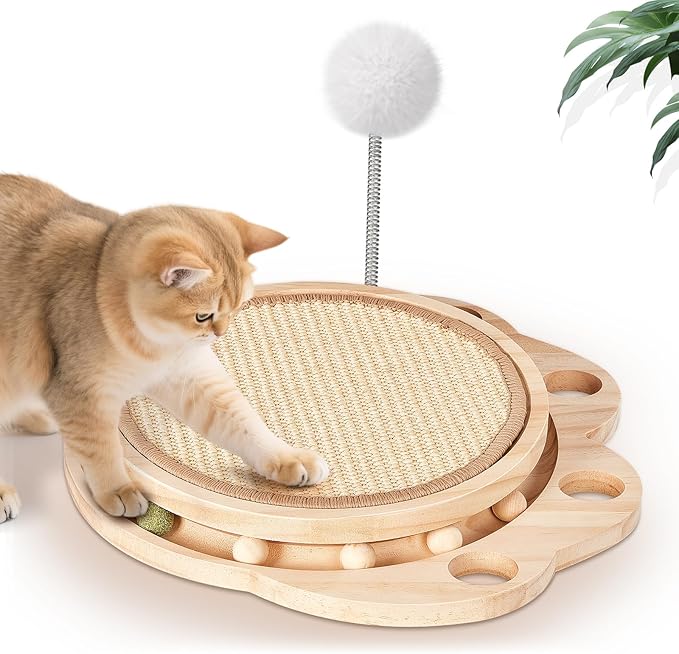 Petjoyi Cat Scratcher-Cat Interactive Toys, Ball Track Toy with Sisal Scratching Pad, 6 Track Balls & 1 Spring Ball – No Assembly Cat Toys and Balls Activity Center for Indoor Cats