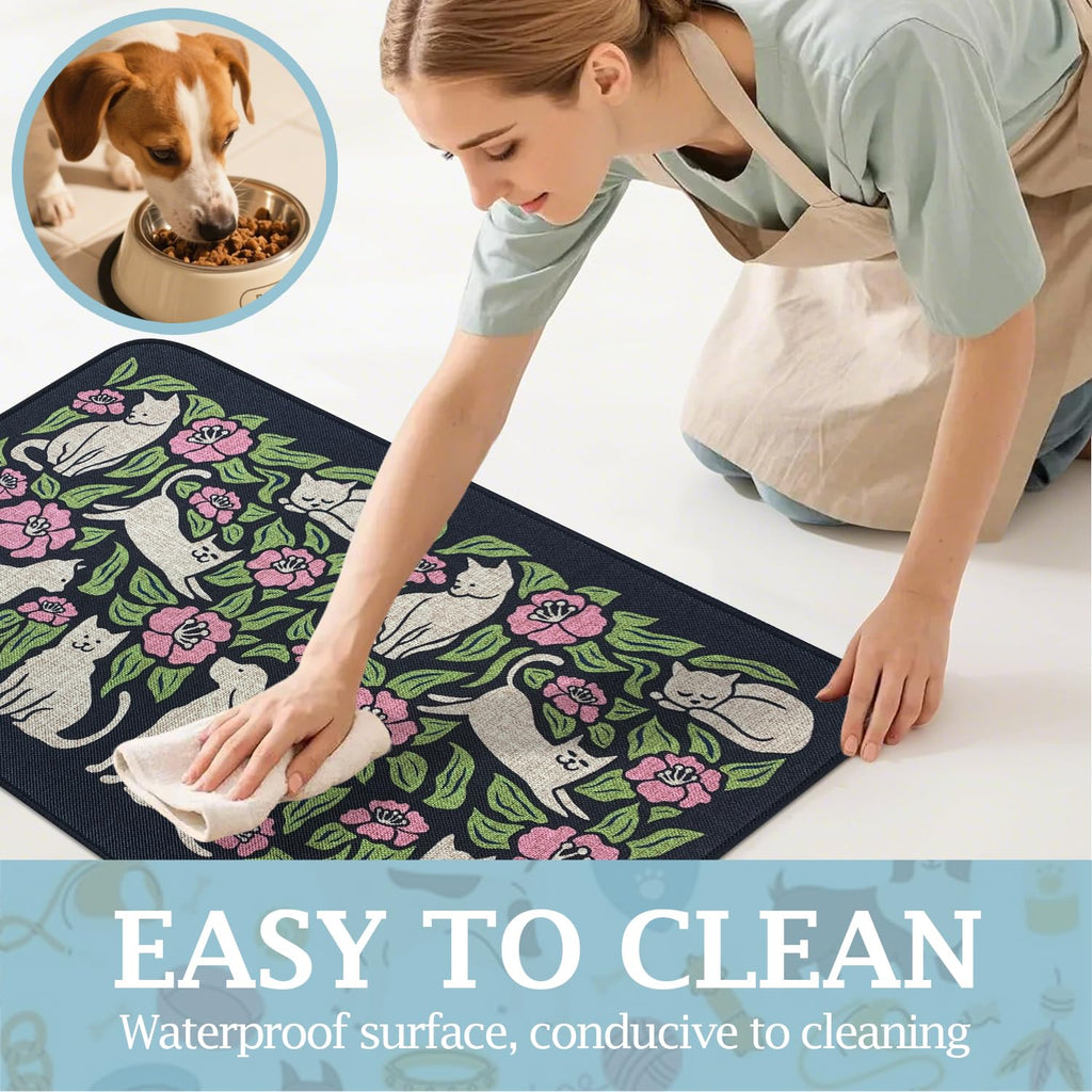 SHIYUE Dog Food Mats for Floors, Absorbent Cat Bowl for Food and Water, Non-Slip Accessories Pet Supplies(16"x24",Black Animal Flower)