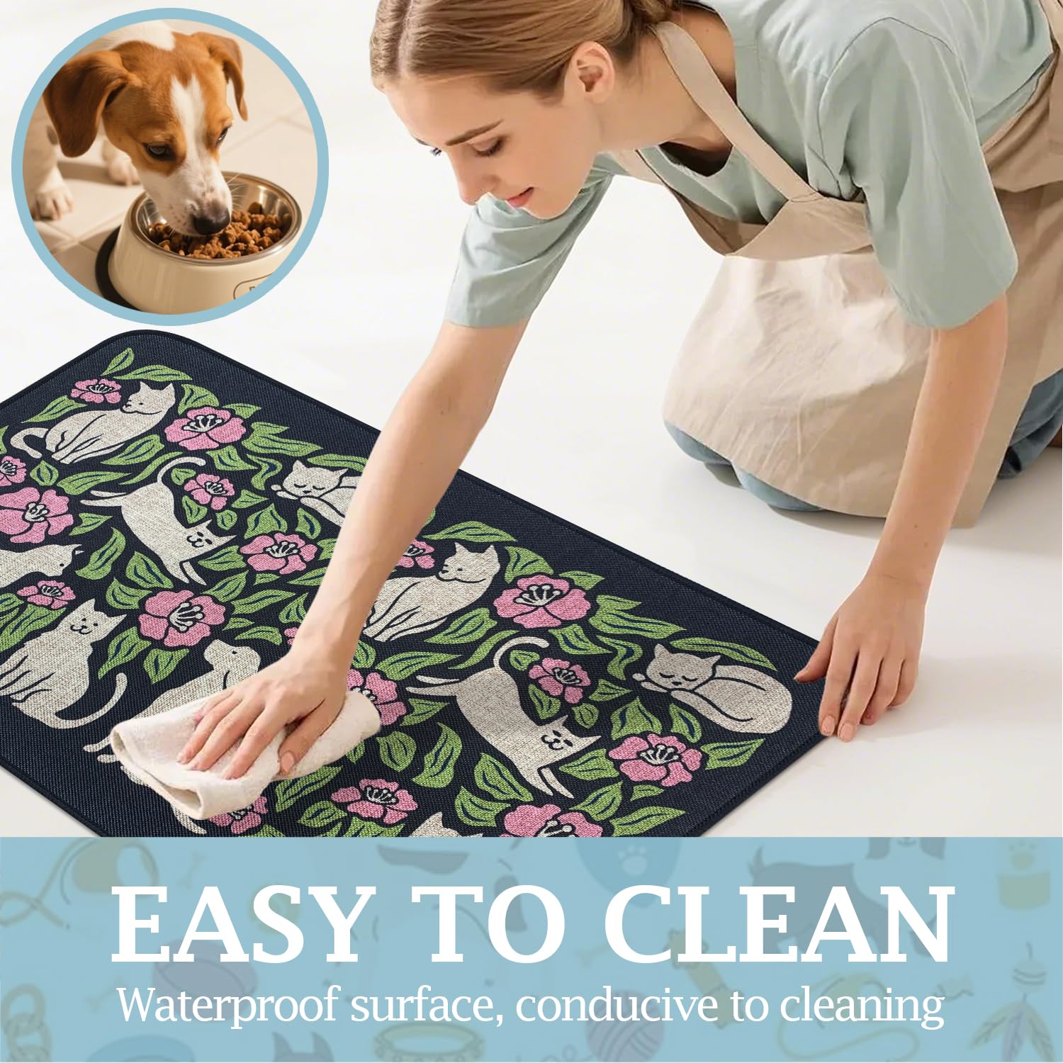 SHIYUE Dog Food Mats for Floors, Absorbent Cat Bowl for Food and Water, Non-Slip Accessories Pet Supplies(16"x24",Black Animal Flower)