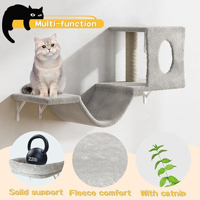 NUNU LAB Wall Mounted Cat Furniture Set - 6 Pcs Climber Set with House, Bridge, Steps, Scratcher Board - DIY Walls Playground, Indoor Cat Shelves - Gray
