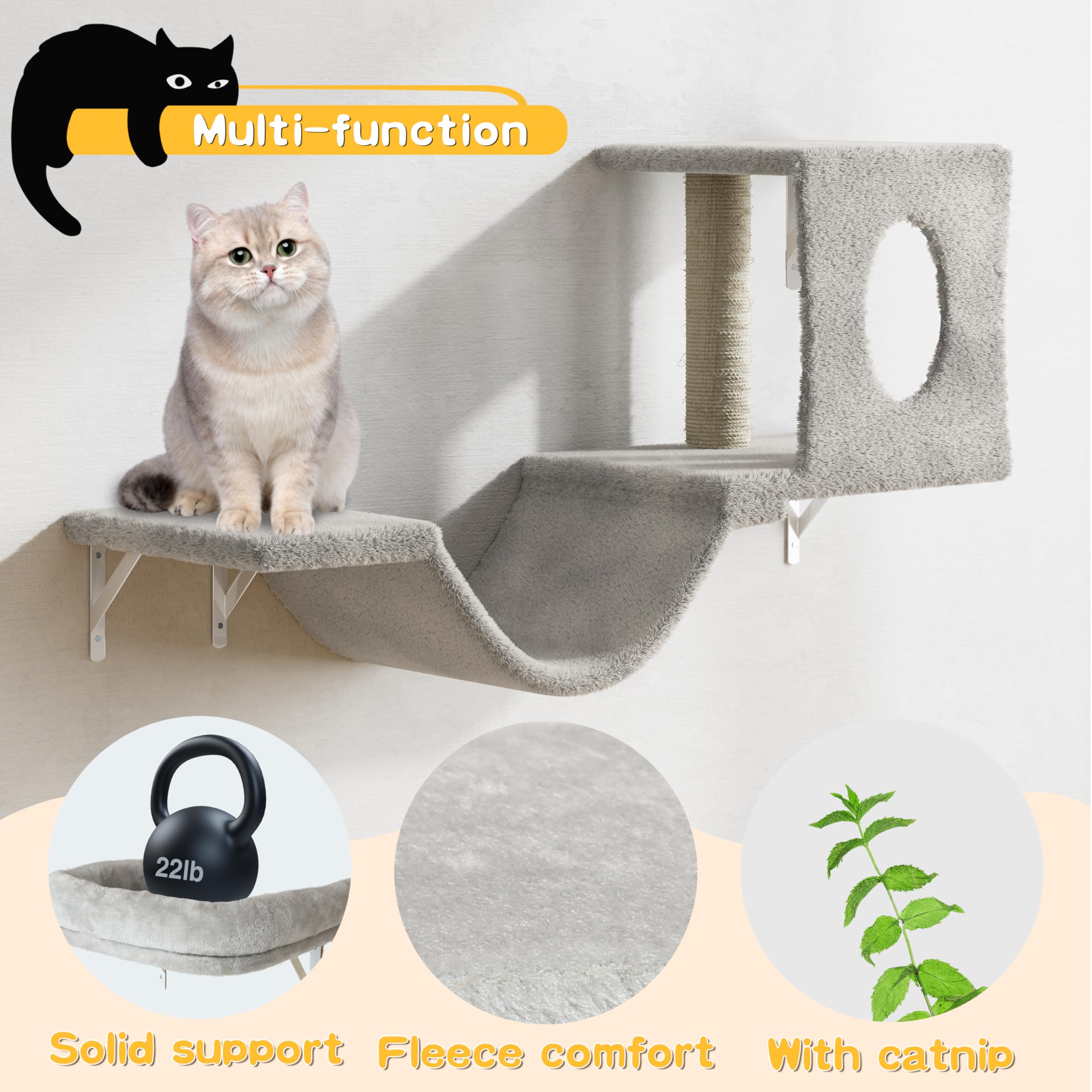 NUNU LAB Wall Mounted Cat Furniture Set - 6 Pcs Climber Set with House, Bridge, Steps, Scratcher Board - DIY Walls Playground, Indoor Cat Shelves - Gray