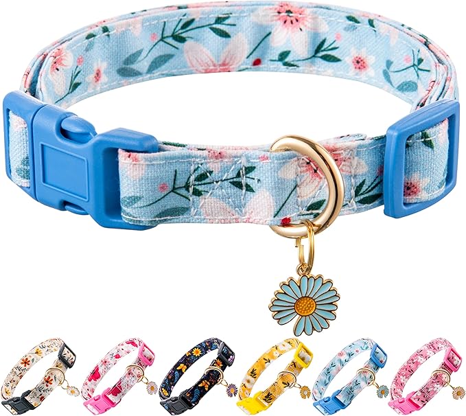 Raisingwell Cotton Dog Collar Blue Flower Pattern for Boys and Girls Cute Dog Collars Summer Fall Gift Adjustable for Medium to X-Large Breed Dogs (L)