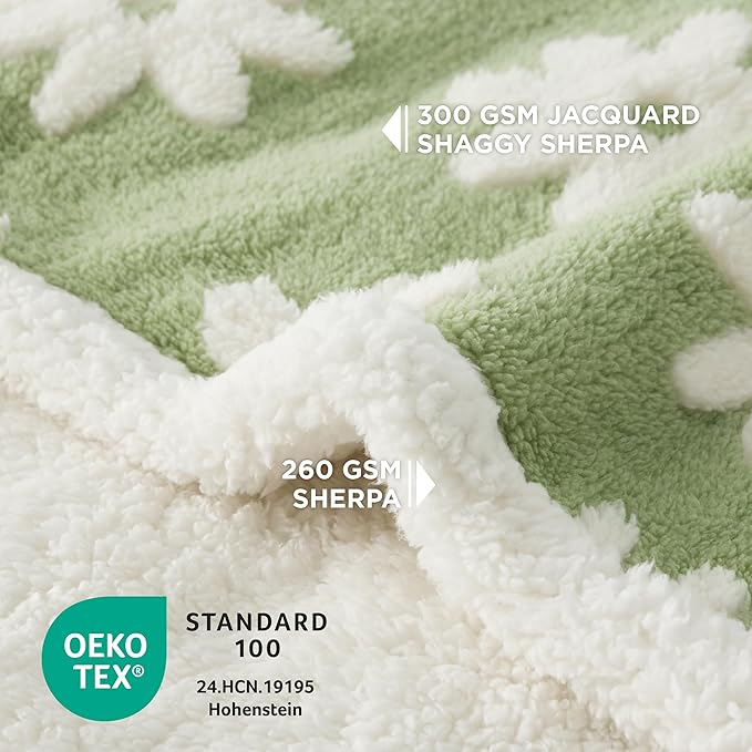 LE SURE Waterproof Dog Blanket for Large Dogs - Washable Double Sided Dog Blankets with Warm Jacquard Shag and Soft Sherpa Fleece, Pet Cat Blanket for King Bed Protection, 3D Textured Flower, Green