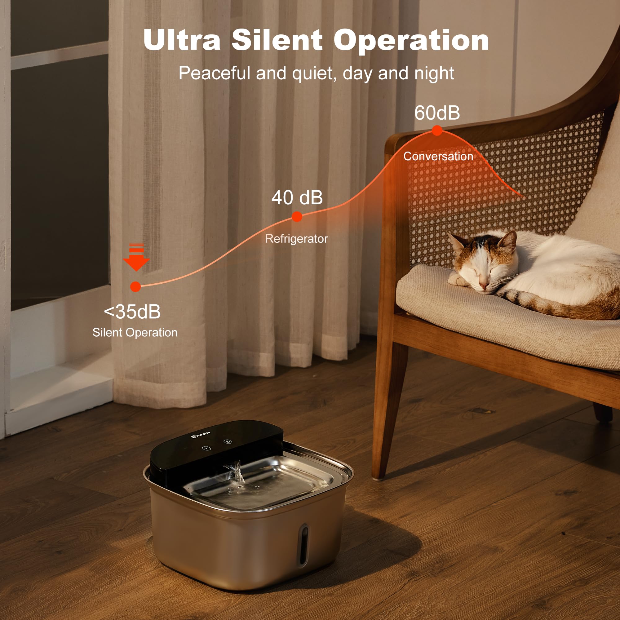 HOLAPAW Wireless Cat Water Fountain Stainless Steel, 128oz/3.78L Cordless Automatic Water Dispenser for Cats and Dogs, Battery Operated Drinking Fountain for Pets with Motion Sensor, Ultra Quiet Pump