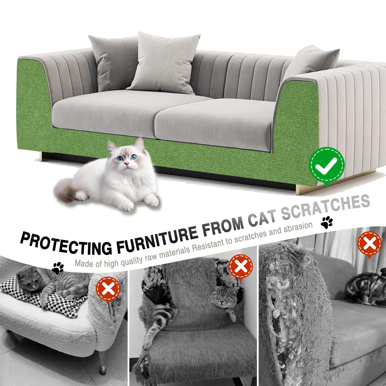 2Pack Total 78.7"x15.8" Cat Scratch Mat for Cat Couch Furniture and Wall Protector | Trimmable Self-Adhesive Carpet Climb Cat Scratcher for Covering Cat Tower and Replacement Pads (Green)