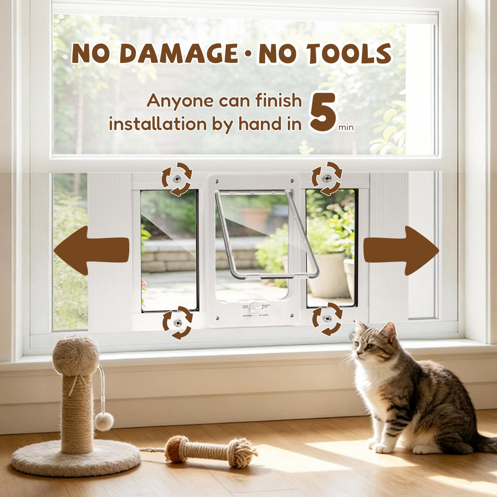 Full-Size Window Pet Door for Cats & Small Dogs, Width Adjustable Fits Sliding Windows, 10-Min Install, Aluminum Frame, HD High-Transparency Glass, Weatherproof Design, Magnetic Close