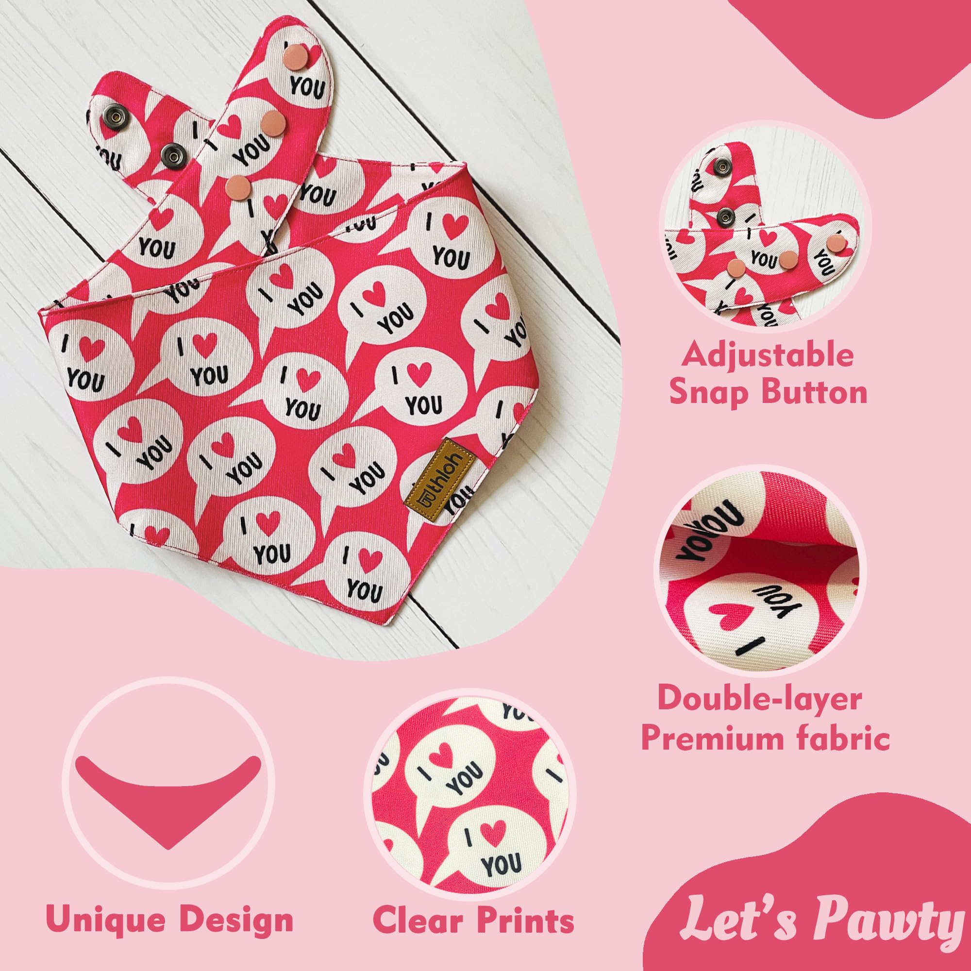 THLOH Valentines Dog Bandanas with Snap Button - 2 Pack Reversible Heart Dog Scarf for Boy & Girl, Premium Durable Fabric, Pet Bandana for Medium and Large Dogs (Large)