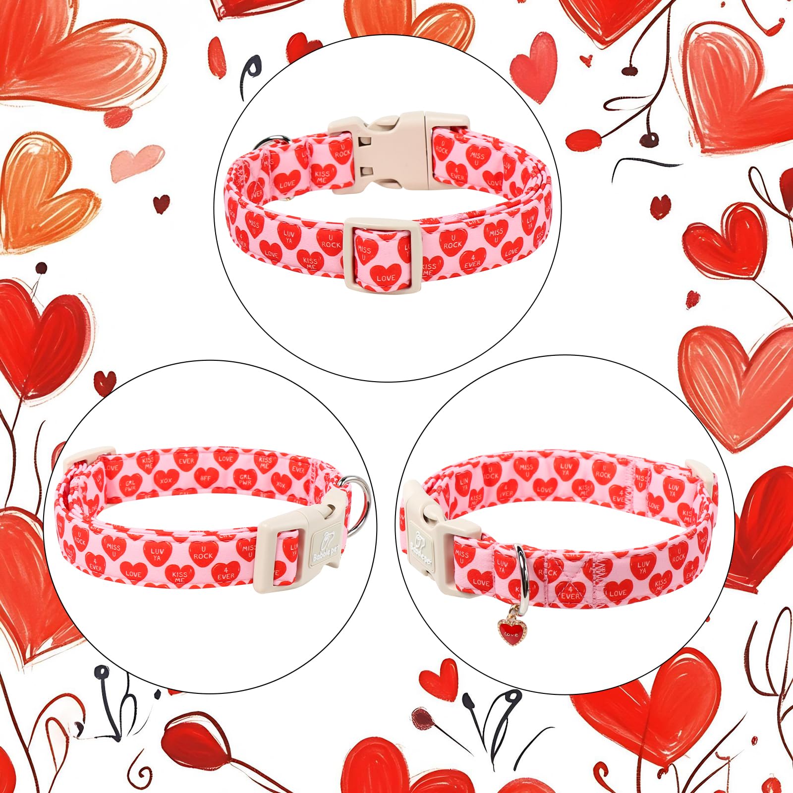 Babole Pet Valentines Dog Collar for Large Dogs - Valentine Red Conversation Hearts Dog Collars, Love Boy Girl Dogs Collars, Lightweight Adjustable Cute Puppy Collar with Quick-Release Buckle L