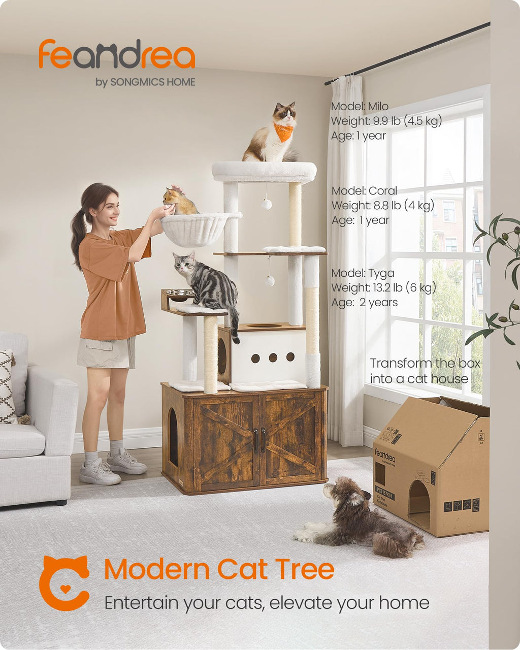 Feandrea Cat Tree, 66.9-Inch Cat Tower with Litter Box Enclosure, Large Condo with Food Station, Storage, Scratching Posts, Cave, Hammock, Washable Cushions, Rustic Brown UPCT169K01