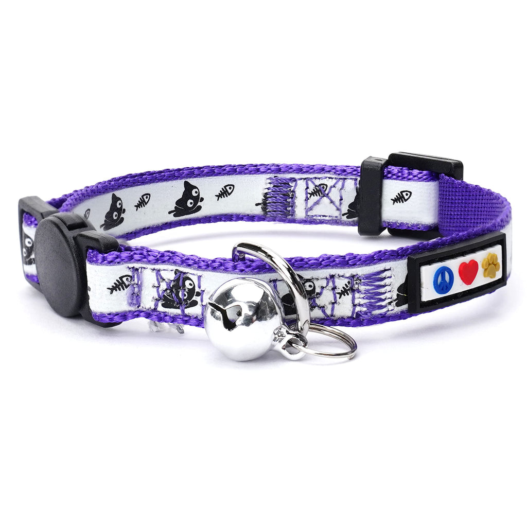 Pawtitas Glow in the Dark Cat Collar with Breakaway Safety Buckle & Bell Adjustable Kitten Collar, Purple