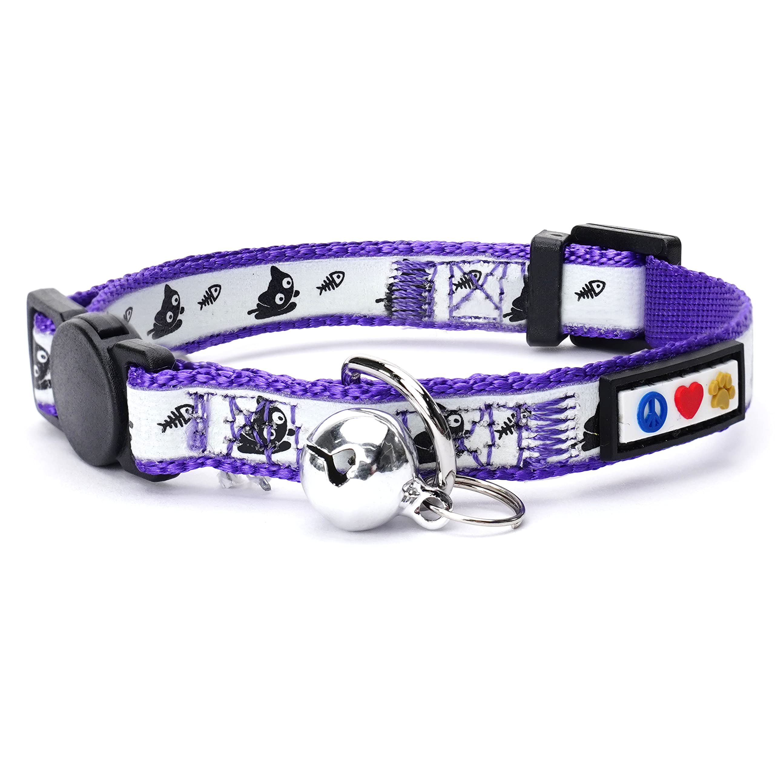 Pawtitas Glow in the Dark Cat Collar with Breakaway Safety Buckle & Bell Adjustable Kitten Collar, Purple