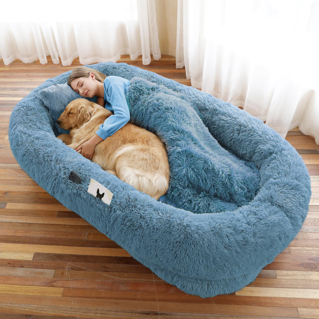 WROS Human Dog Bed, 71"x45"x12" Size Fits You and Pets, Washable Faux Fur Pet Bed for People Doze Off, Napping Orthopedic Dog Bed, Present Plump Pillow, Blanket, Strap - Navy