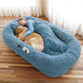 WROS Human Dog Bed, 71"x45"x12" Size Fits You and Pets, Washable Faux Fur Pet Bed for People Doze Off, Napping Orthopedic Dog Bed, Present Plump Pillow, Blanket, Strap - Navy