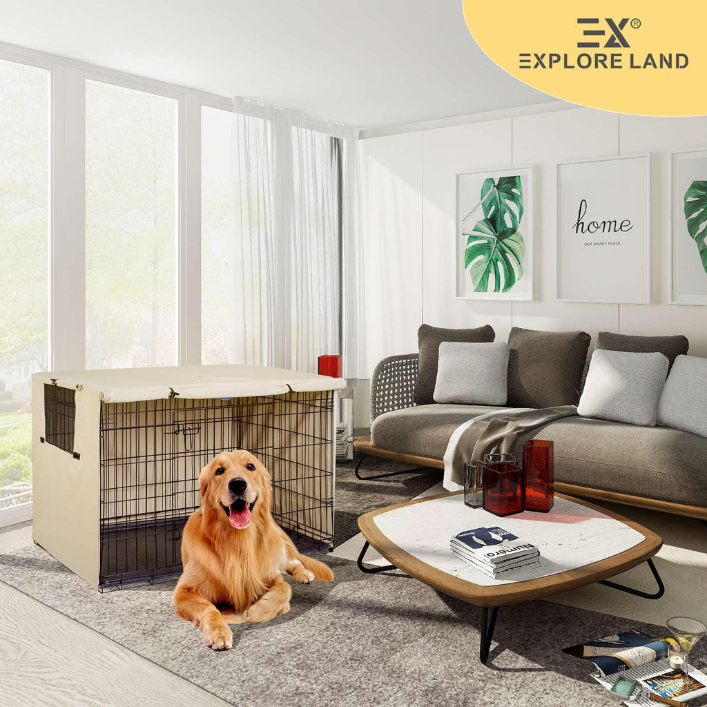 Explore Land 54 inches Dog Crate Cover Heavy Duty Polyester Pet Kennel Sunshade Universal Fit for Wire Cage (Light Tan)
