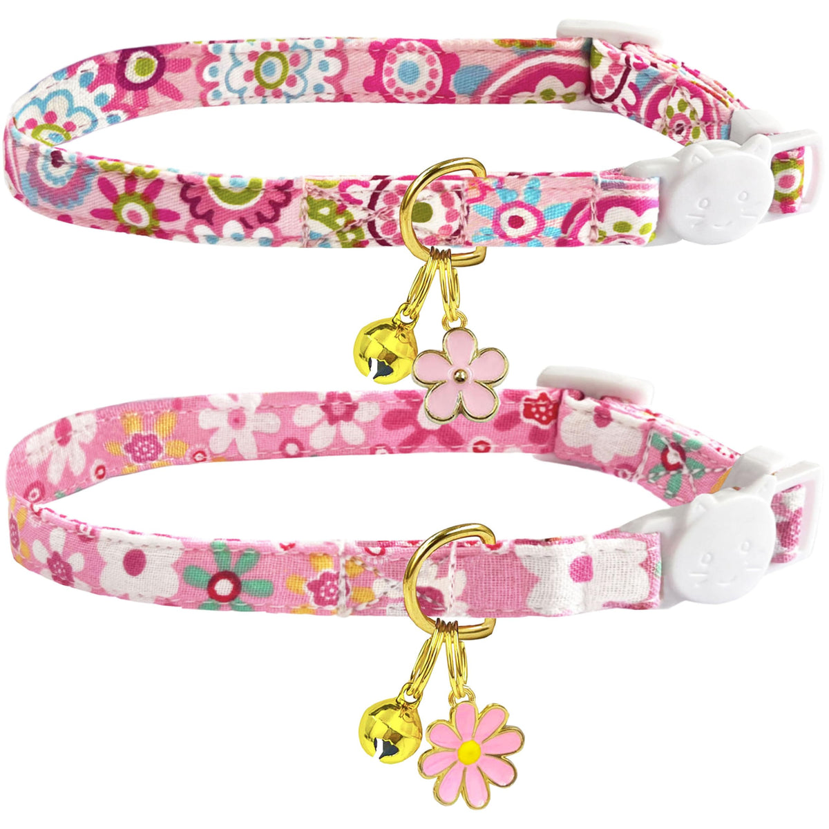 2 Pack Cotton Breakaway Cat Collars Set with Bell and Flower Pendant, Cute Floral Fruit Patterned, Adjustable 7.5-11Inch, Include A Mouse Toy Gift (Yellow+Navy Flower)