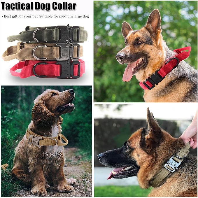Tactical Dog Collar, Adjustable Military Training Nylon Dog Collar with Control Handle and Heavy Quick-Release Metal Buckle for Small Medium Large Dogs, Brown L