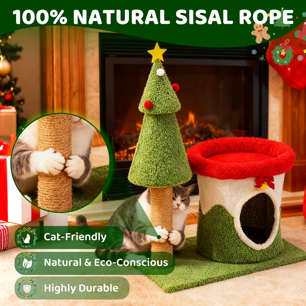 COSIEST 30in Christmas Cat Tree for Kittens, Kitty Condo with Top Perch, Small Cat Tree House with Sisal Scratching Posts, Cat Safe Christmas Tree Tower for Indoor Cats, Activity Center, Red & Green