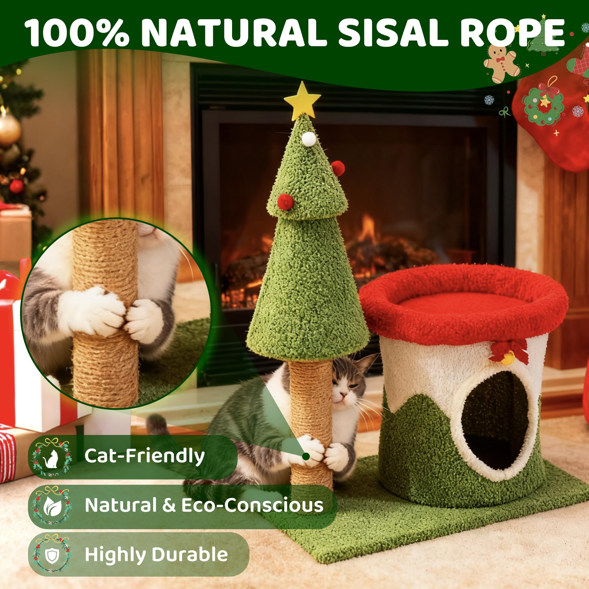 COSIEST 30in Christmas Cat Tree for Kittens, Kitty Condo with Top Perch, Small Cat Tree House with Sisal Scratching Posts, Cat Safe Christmas Tree Tower for Indoor Cats, Activity Center, Red & Green