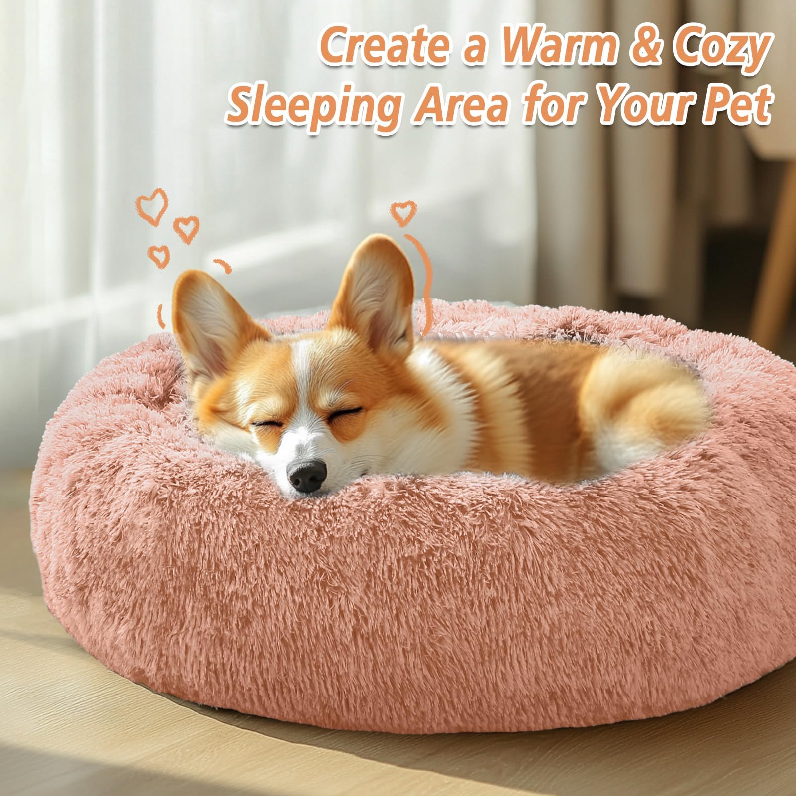 JOLLYVOGUE Calming Dog Bed Medium Size Dog, Anti-Anxiety Donut Medium Pet Bed, 27 inches Fluffy Faux Fur Round Cat Bed (Peach Pink)