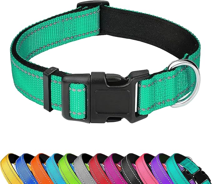 PWOD Reflective Dog Collar, Adjustable Soft Neoprene Padded Nylon Pet Collars with Buckle for Puppy and Small Dogs, Cats, Grass Green,XS