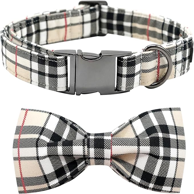 Bobo Rainbow Classic Beige Plaid Dog Collar with Bow for X-Large Dogs