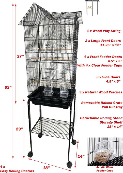 63" Roof Top Bird Flight Parrot Pet House Home Cage with Removable Rolling Stand for Cockatiel Sun Conure Parakeet Finch Budgie Lovebird Canary