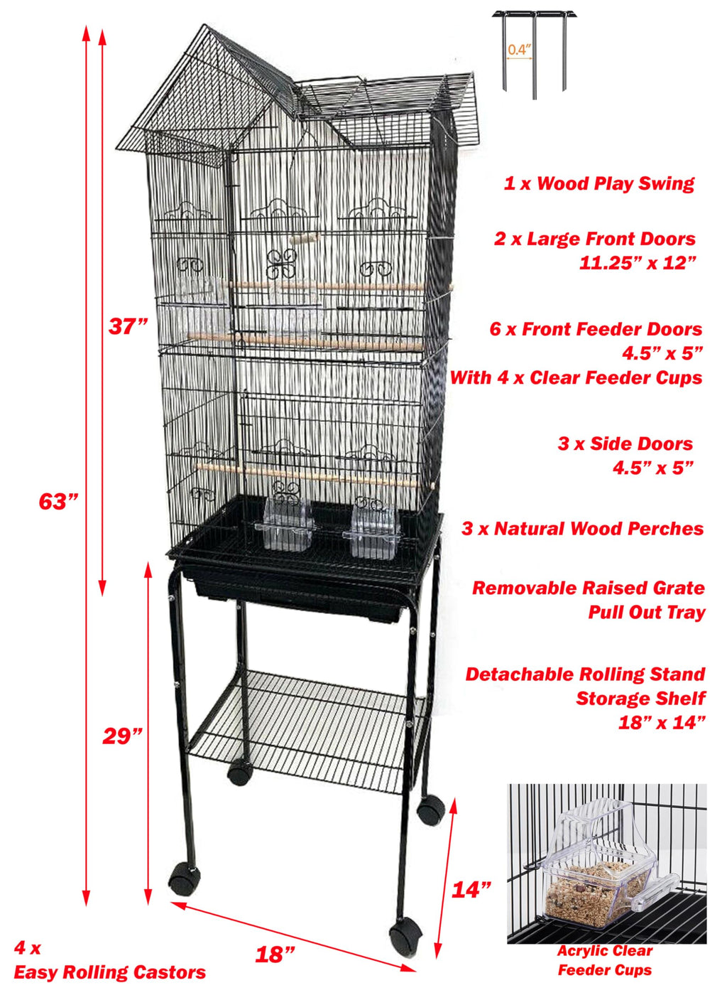 63" Roof Top Bird Flight Parrot Pet House Home Cage with Removable Rolling Stand for Cockatiel Sun Conure Parakeet Finch Budgie Lovebird Canary