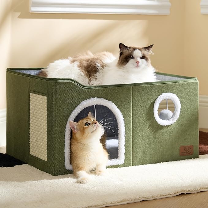 Bedsure Extra Wide Cat House Bed with Fluffy Ball and Scratch Pad