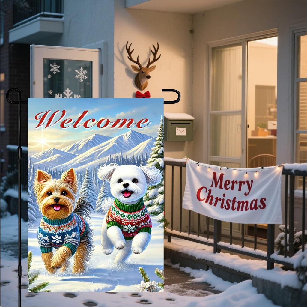 BlissYard Garden Flag Dog Pair Winter 12x18 Inch Polyester