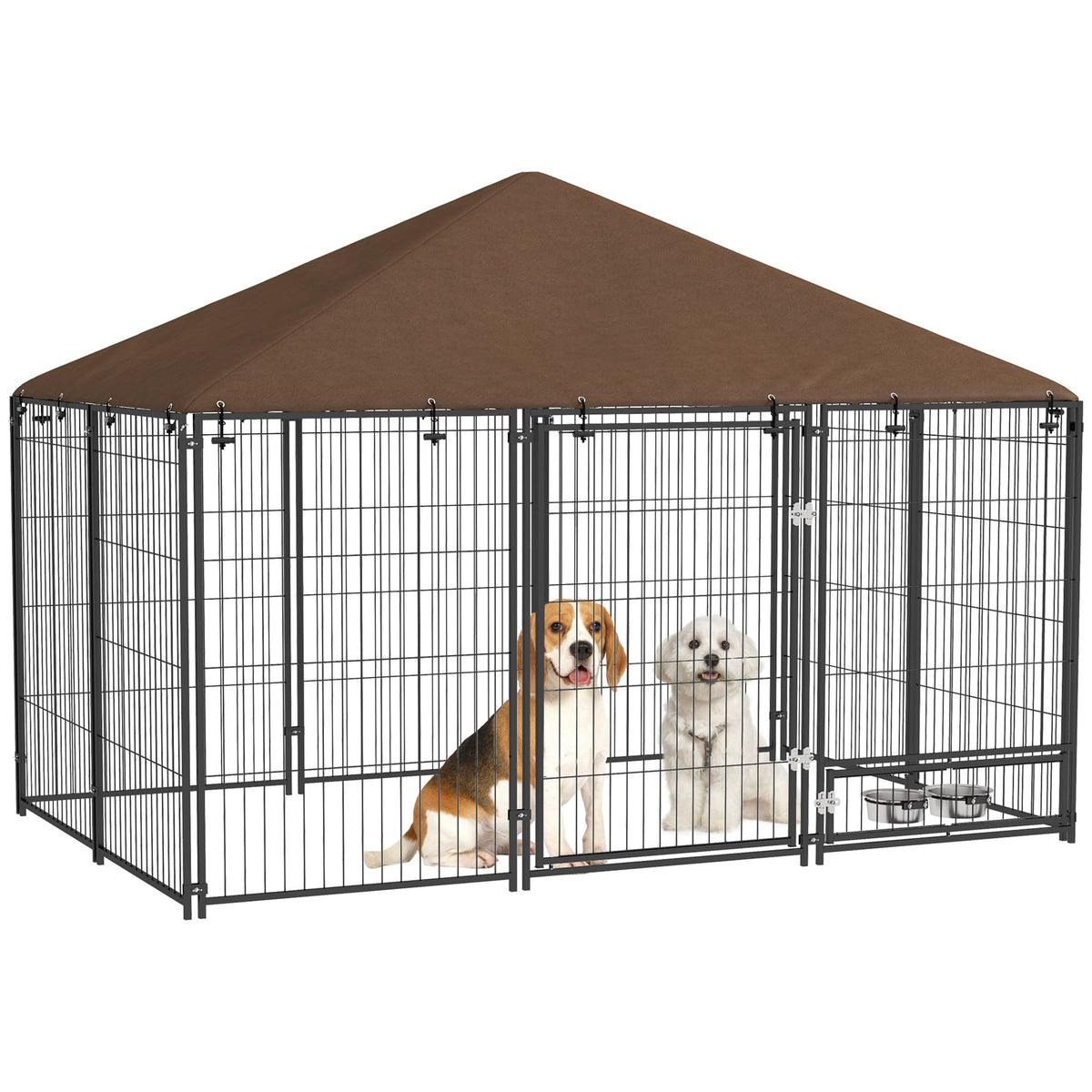 PawHut Outside Dog Kennel, 7' x 7' x 5' Puppy Play Pen with Canopy, Garden Playpen Fence Crate Enclosure Cage Rotating Bowl, for Dogs, Chickens, Ducks, Black