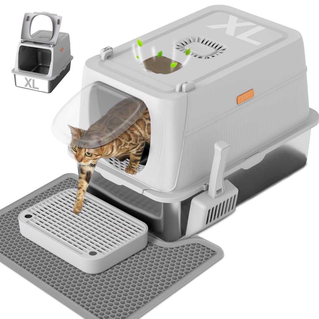 Anywish Stainless Steel Cat Litter Box with Lid, XL Extra Large Enclosed Removable Metal Litter Box with Litter Scoop&Double Layer Litter Mat, Non-Sticky, Non-Odor, for Big Cats Dark Grey