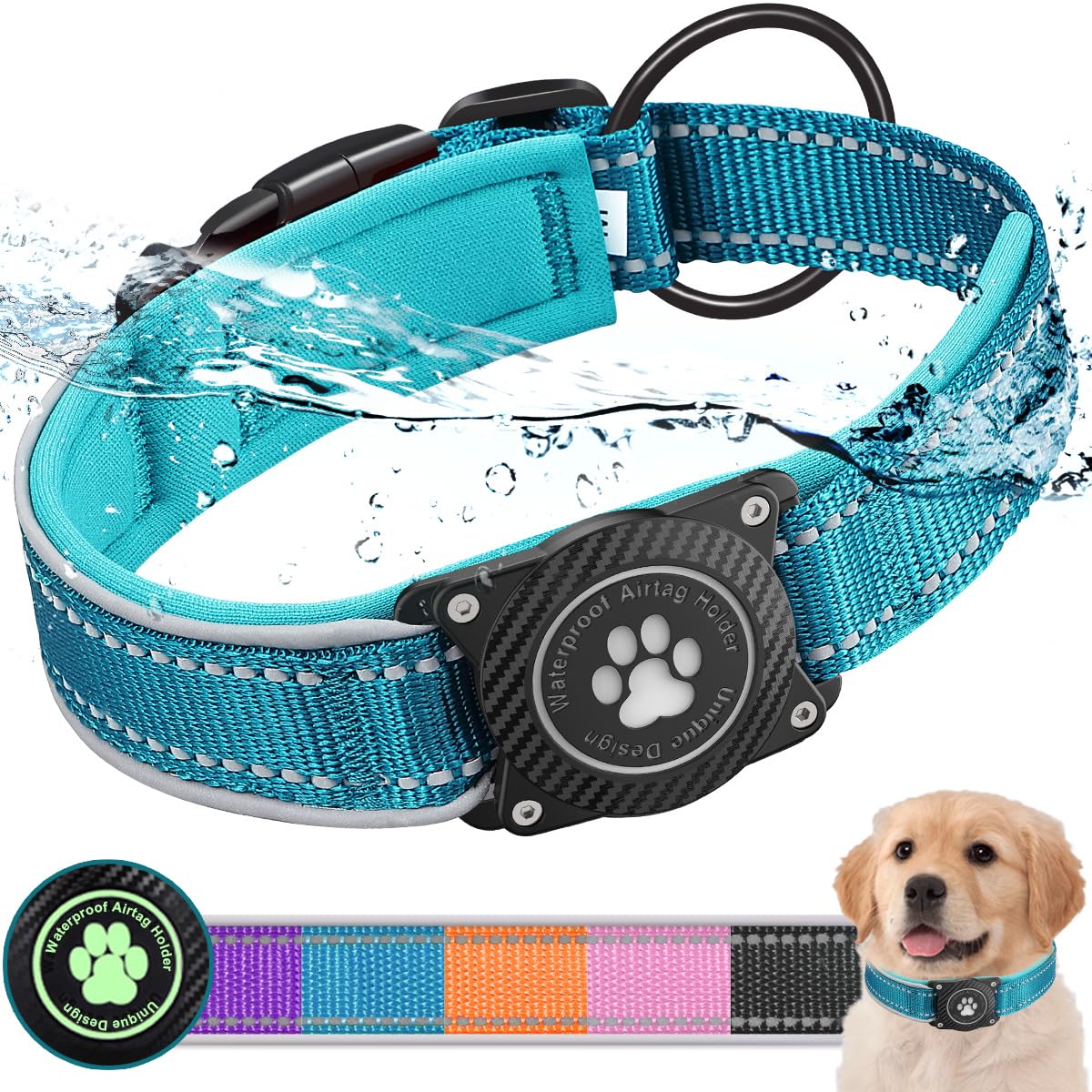 OKVSKO Airtag Dog Collar with Waterproof Air Tag Holder, Luminous Reflective, Soft Padded, Adjustable Nylon Pet Collar for Small Medium Large Heavy Duty Dogs,Black, S