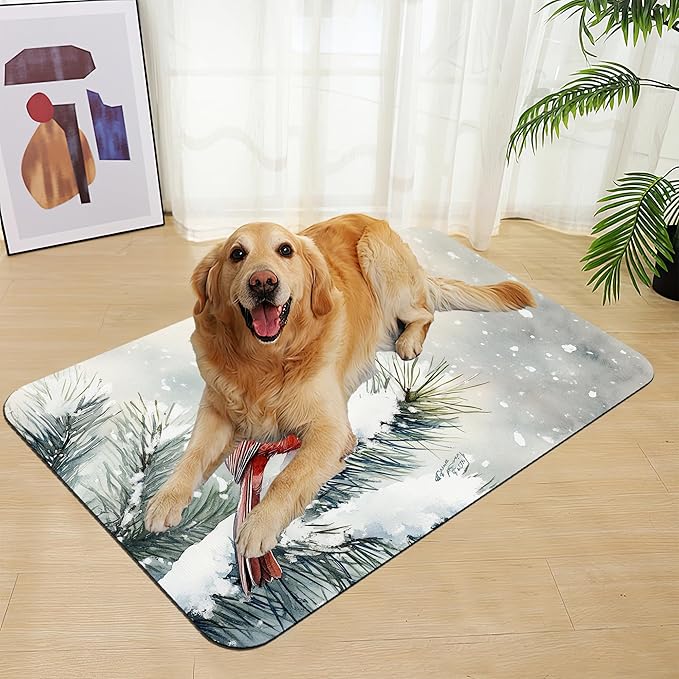 Cardinal Bird Dog Food Mat–Chirstmas Snow Absorbent Quick Dry Feeding Placemat for Food and Water Bowls, Non Slip Rubber Backing, Waterproof Pet Supplies for Mess-Free Eating 16"x24"