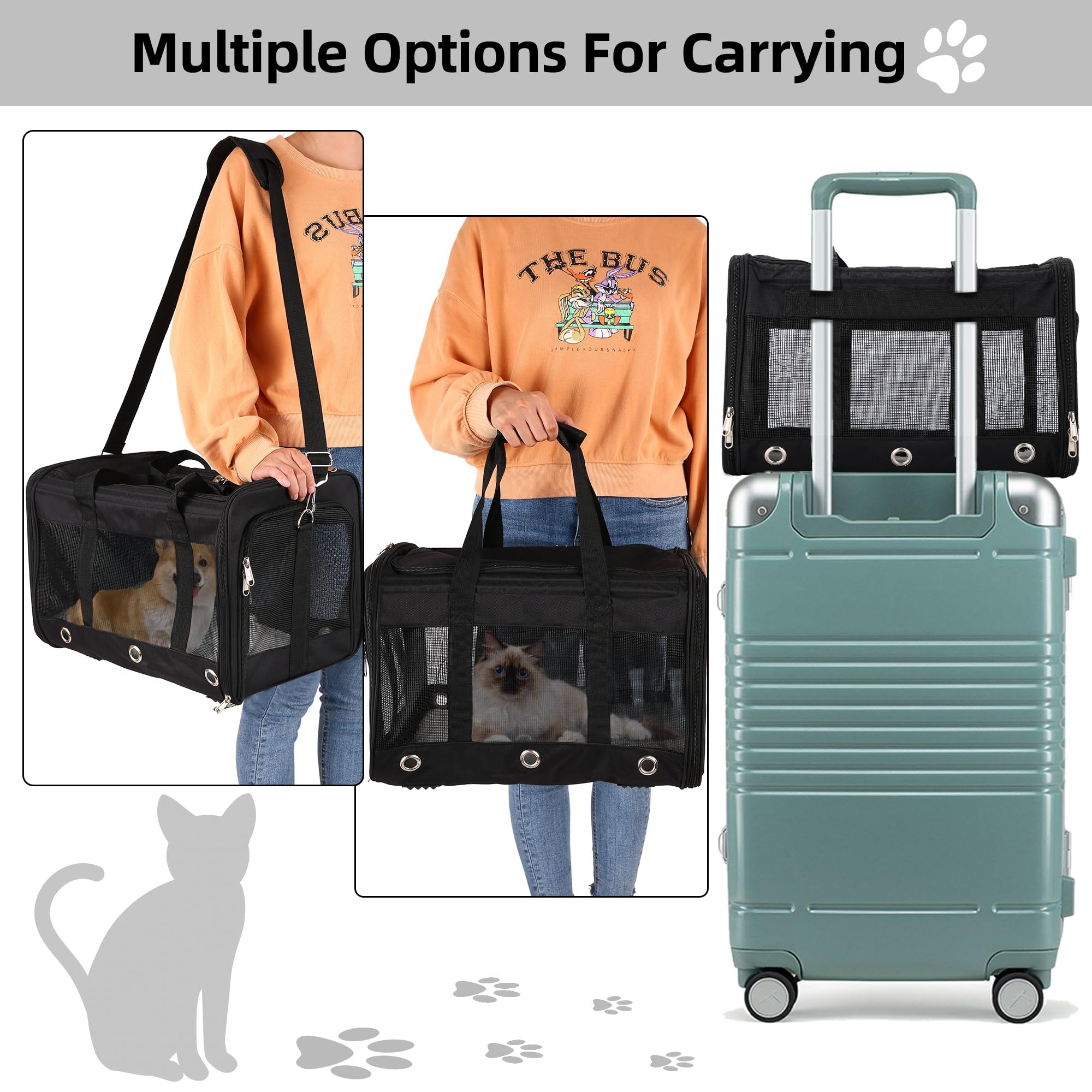 Soft Sided Cat/Dog Carrier,Collapsible Pets Travel Carriers for Pet/Puppy with Shoulder Strap & Removable Mat,Mesh Top Load Small Dogs/Cats Carry Bag Up to 17 Lbs TSA Airline Approved（Black,M）