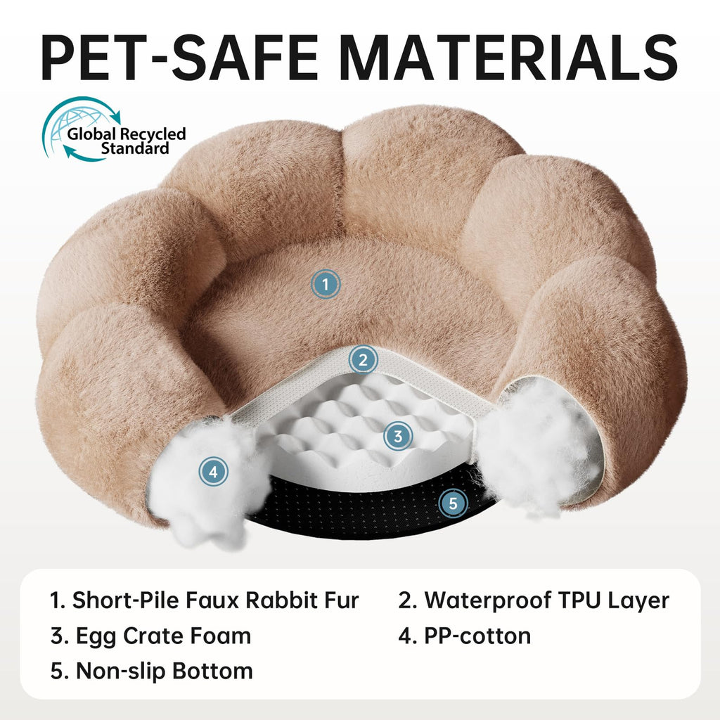 OhGeni 31 inches Calming Donut Orthopedic Dog & Cat Bed for Medium Pets, Warming Comfort Fluffy Short Pile Fur, Durable Waterproof Machine Washable Removable Cover, Cute Round Bed for Puppy, Camel