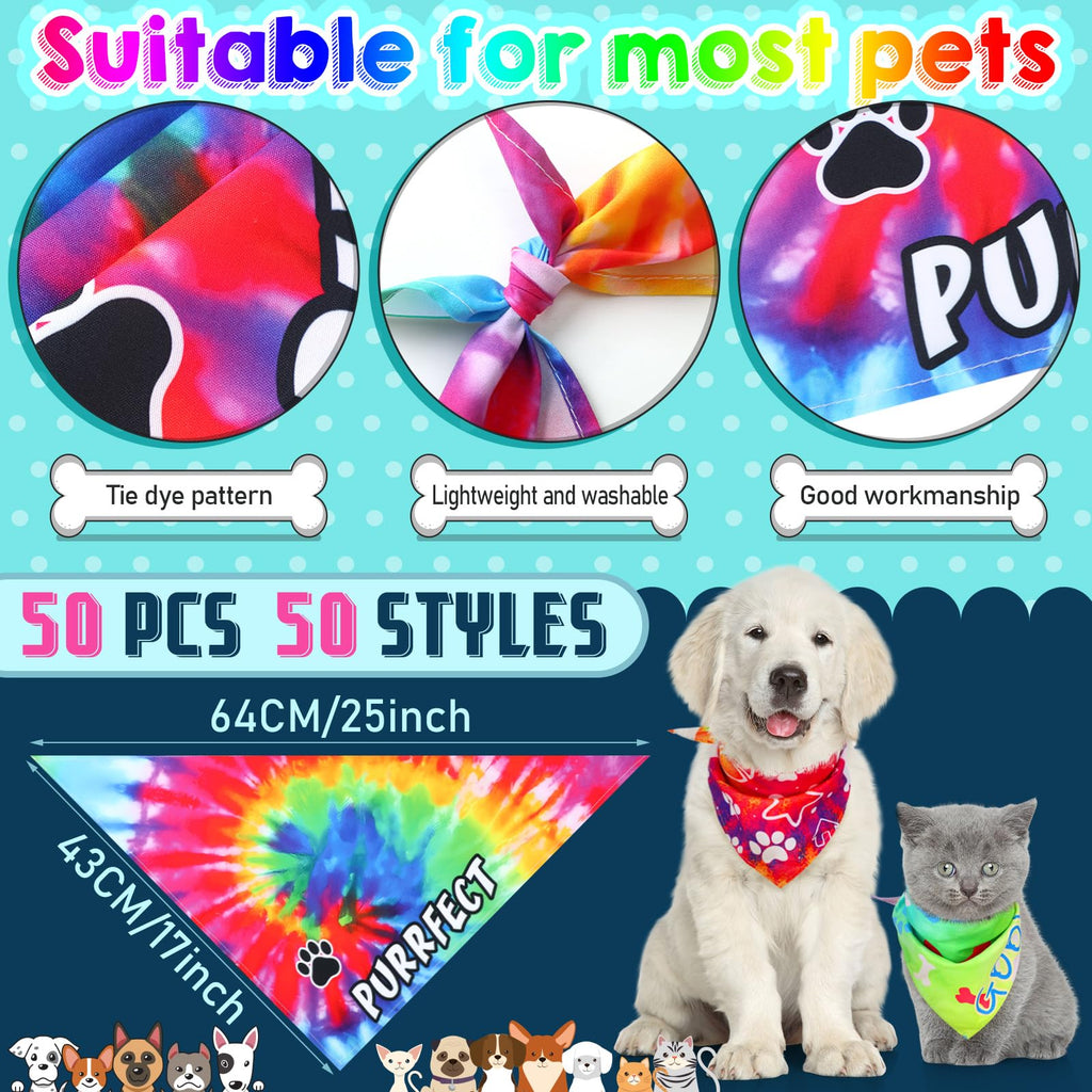Huhumy 50 Pcs Tie Dye Dog Bandanas Bulk Pet Bibs Colorful Triangle Scarf Tie Dye with Sayings Pet Bandanas for Medium Large Dogs Spring Summer Birthday Costume Decor